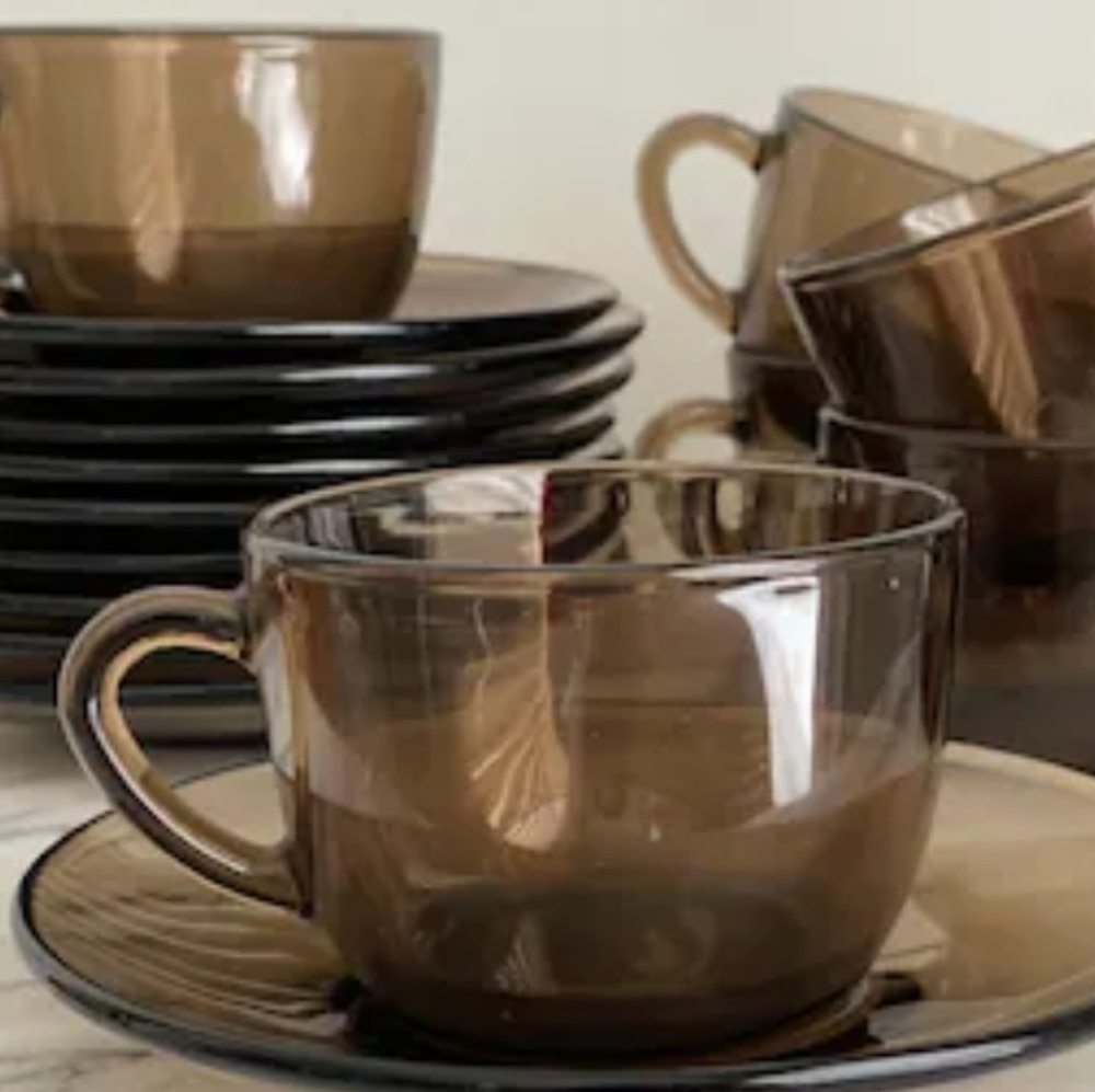 Set Of 4 Vintage Pyrex Smoke Glass Espresso‎ and Saucer Set